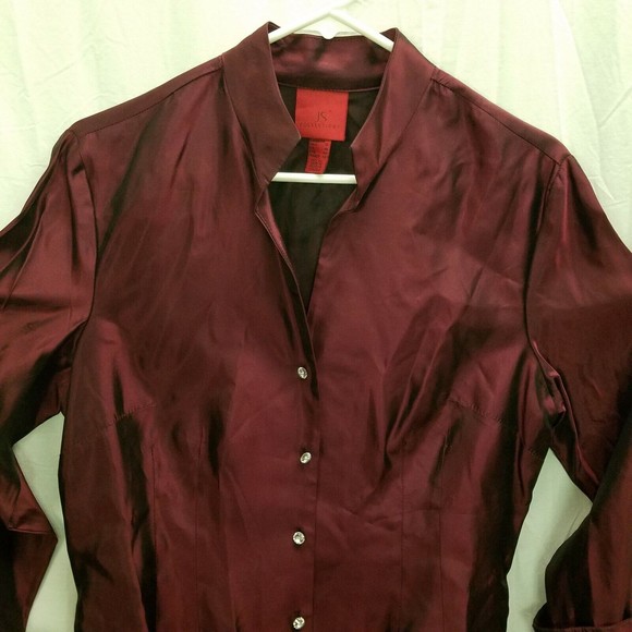 JS Collections shiny maroon satin blouse w Rhinestone Buttons women sz 12 - Picture 2 of 12